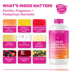 Pink Stork liquid prenatal measuring spoon for precise daily portions.