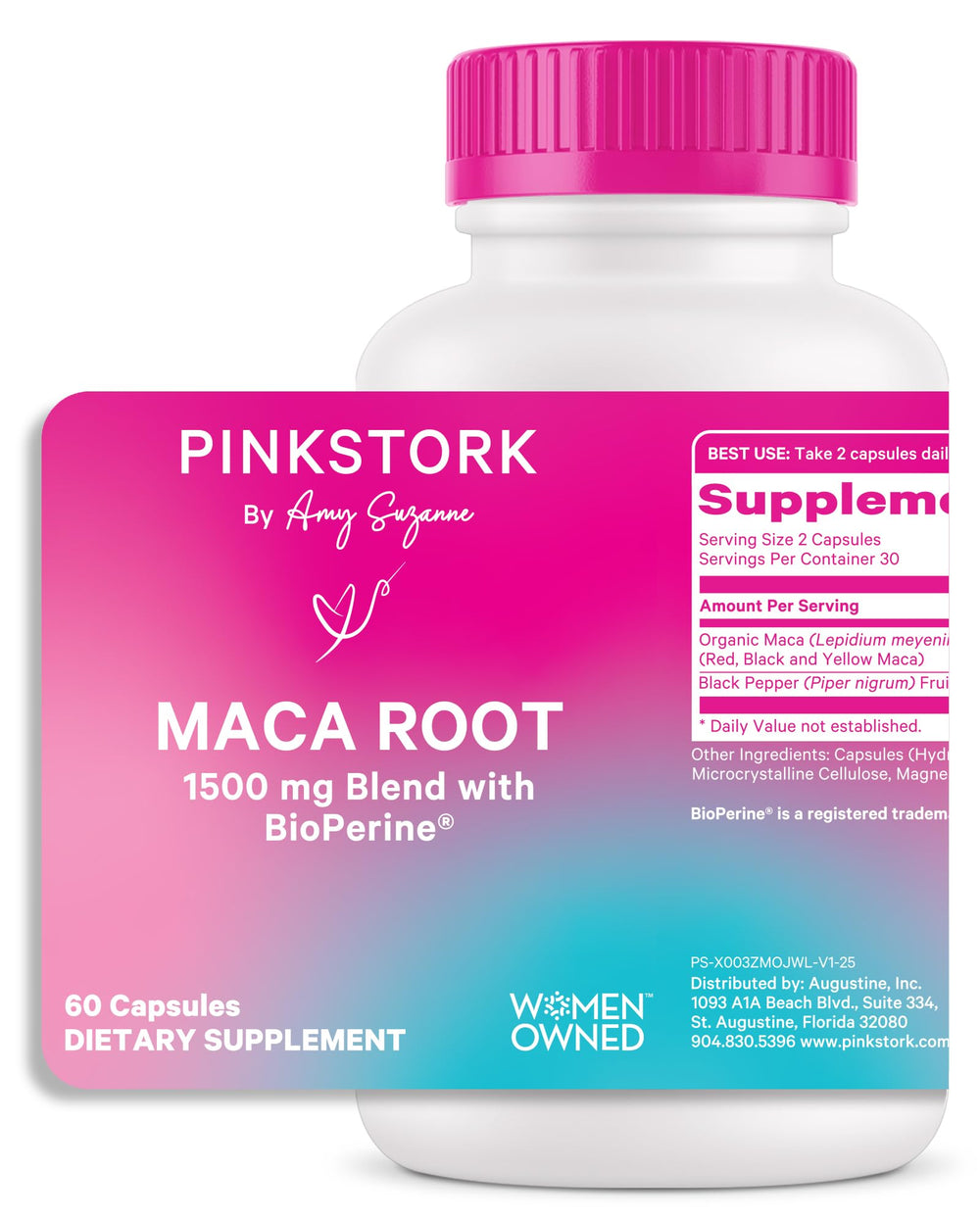 Pink Stork Maca Root Capsules bottle for daily wellness and hormonal balance support