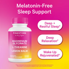 Pink Stork Magnesium Glycinate capsules close-up highlighting L-Theanine and Lemon Balm