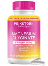 Pink Stork Magnesium Glycinate with vitamin D3 bottle shows daily magnesium and mood support