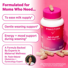 Pink Stork No Flow label front emphasizing natural ingredients and postnatal support.