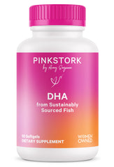 Pink Stork Omega-3 DHA softgel bottle shown for prenatal support and baby brain development.