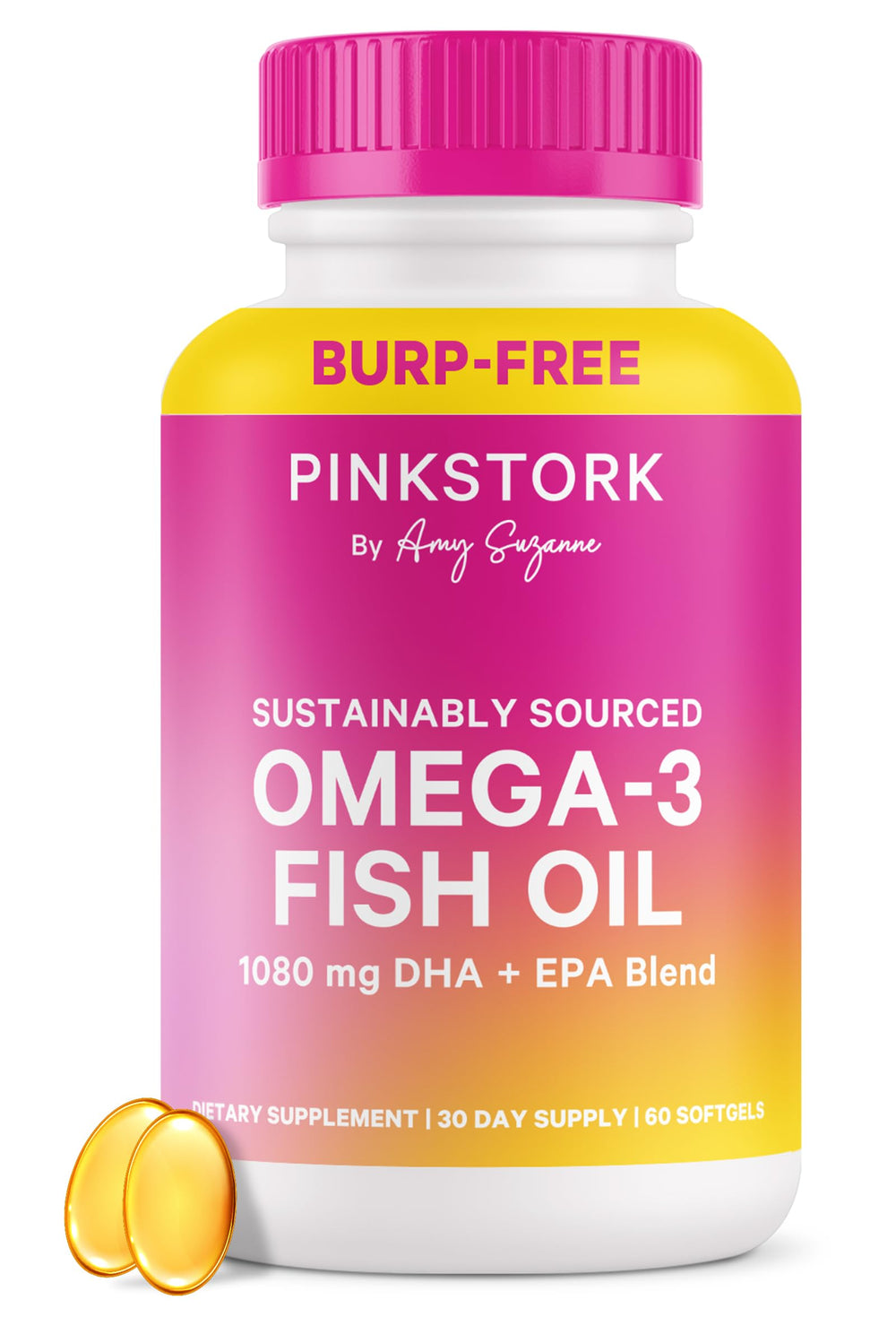 Pink Stork Omega-3 softgels bottle with burpless formula for daily brain and mood support.