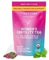 Pink Stork Fertility Tea Sweet Mint packaging shows organic credentials for a clean ritual