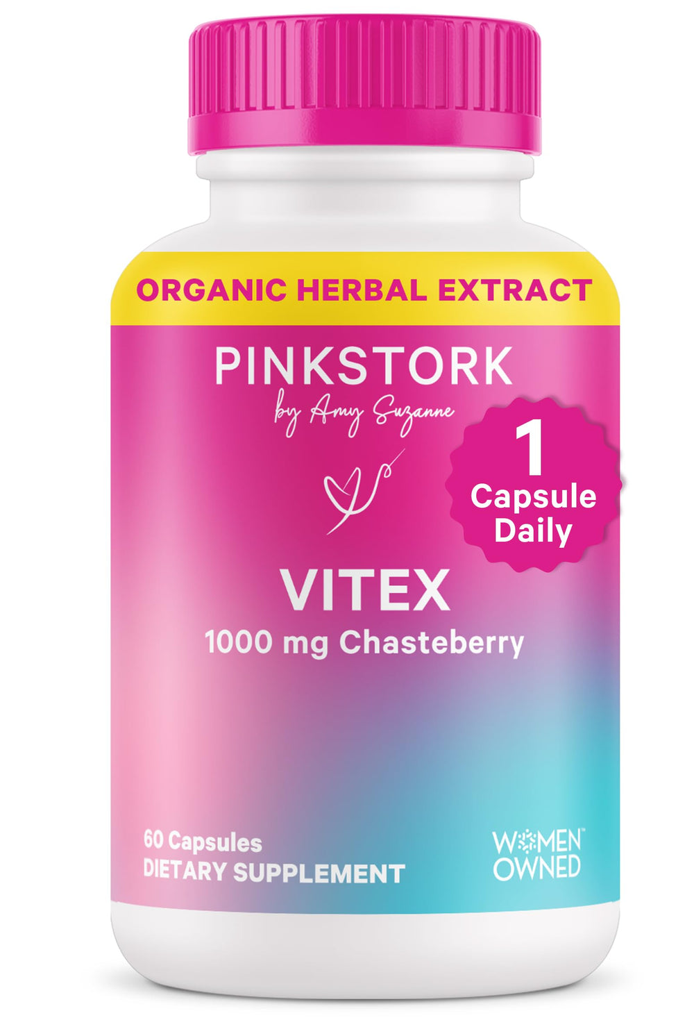 Pink Stork Organic Vitex bottle packaging showing vegan capsule integrity for daily balance