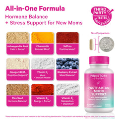 Pink Stork Postpartum Mood Support bottle back detailing ingredients for hormonal balance.