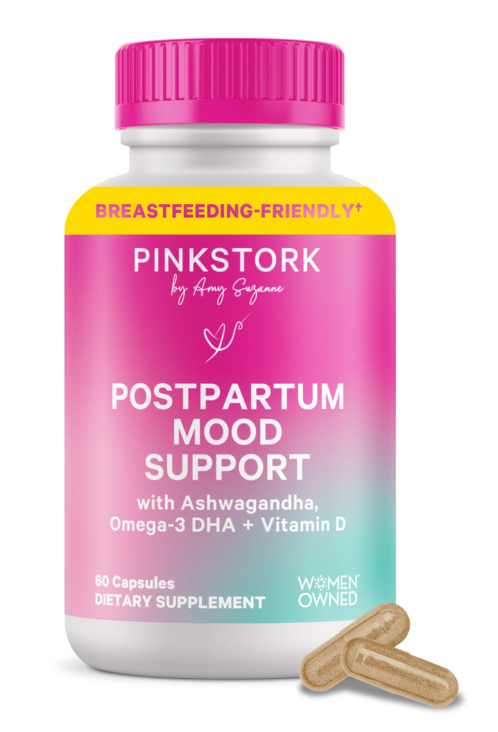 Pink Stork Postpartum Mood Support bottle front promotes mood support for new moms.