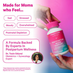Pink Stork Mood Support packaging shows clean-label breastfeeding-friendly formula.