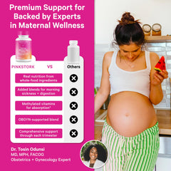Pink Stork Premium Prenatal capsules in hand, gentle on the stomach promise.