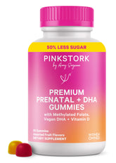 Pink Stork Premium Prenatal Gummy bottle pour demonstrates easy daily intake for pregnancy.