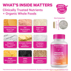 Pink Stork Premium Prenatal label closeup, trusted prenatal nutrients at a glance.
