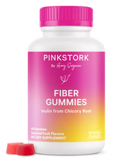 Pink Stork Prenatal Fiber Gummies bottle on counter for daily digestive support