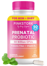 Pink Stork Prenatal Probiotic bottle cap for easy daily gut support.