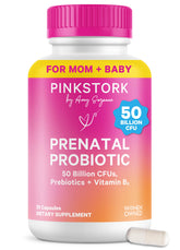 Pink Stork Prenatal Probiotic bottle front supports digestive balance during pregnancy.
