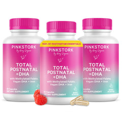 Pink Stork Total Postnatal bottle front view with easy-to-swallow capsules for postpartum support.