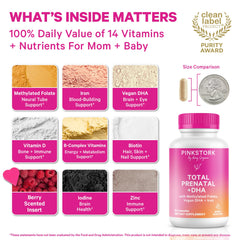 Pink Stork Total Prenatal DHA bottle label close-up showing nutrient-rich formula