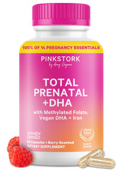 Pink Stork Total Prenatal DHA bottle for easy daily prenatal nutrition