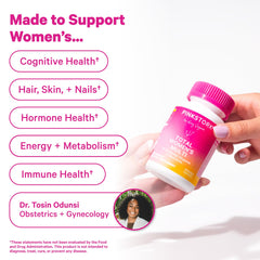 Pink Stork Total Women’s Multivitamin label detail highlights key vitamins.