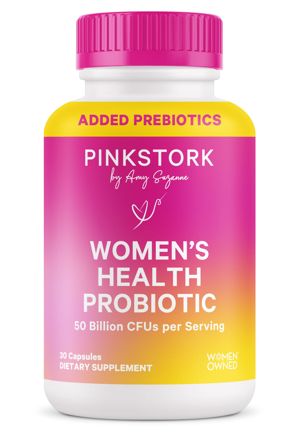 Pink Stork Women's Health Probiotic bottle close-up showing label for daily balance