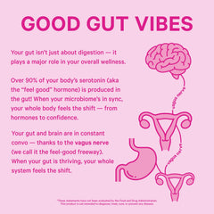 Pink Stork capsules poured into a dish illustrate a simple daily gut support ritual