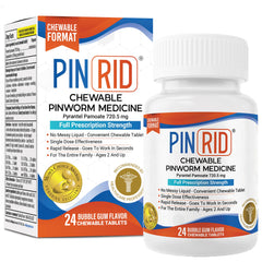 PIN RID bubblegum chewable tablet for family-safe pinworm treatment.