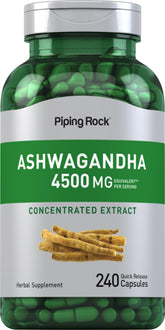 Piping Rock Ashwagandha 4500mg bottle promotes daily wellness with a potent herb.