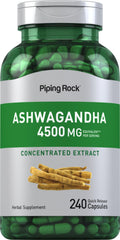 Piping Rock Ashwagandha 4500mg bottle promotes daily wellness with a potent herb.
