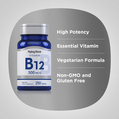Piping Rock B12 bottle open showing evenly sized tablets for daily intake.