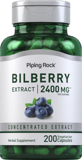 Piping Rock Bilberry Extract capsules bottle close-up; premium herbal supplement for daily wellness