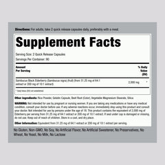 Piping Rock Black Elderberry Capsules bottle side highlights non-GMO and gluten-free ingredients.