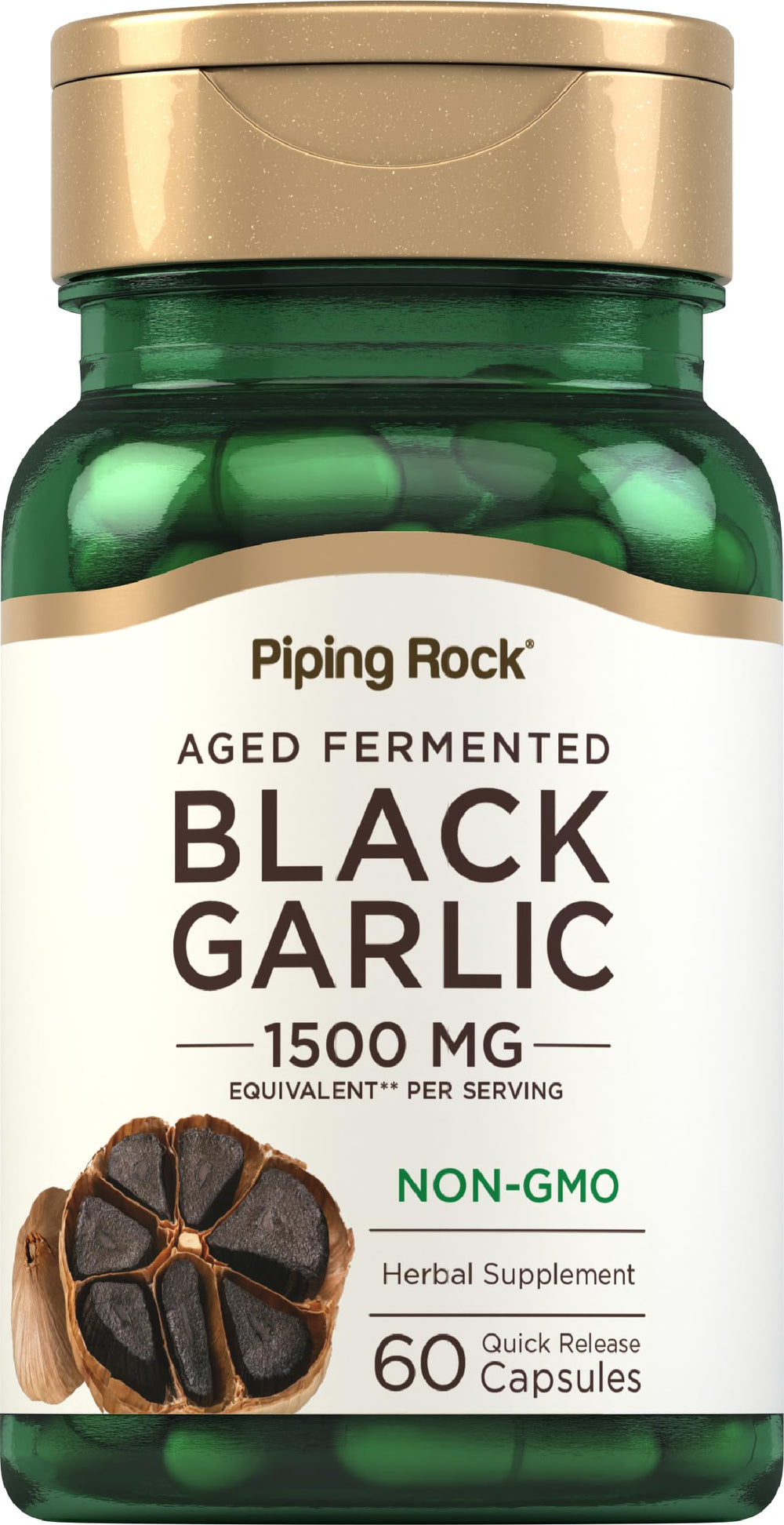 Piping Rock Black Garlic Capsules bottle with easy-to-swallow capsules for daily use.