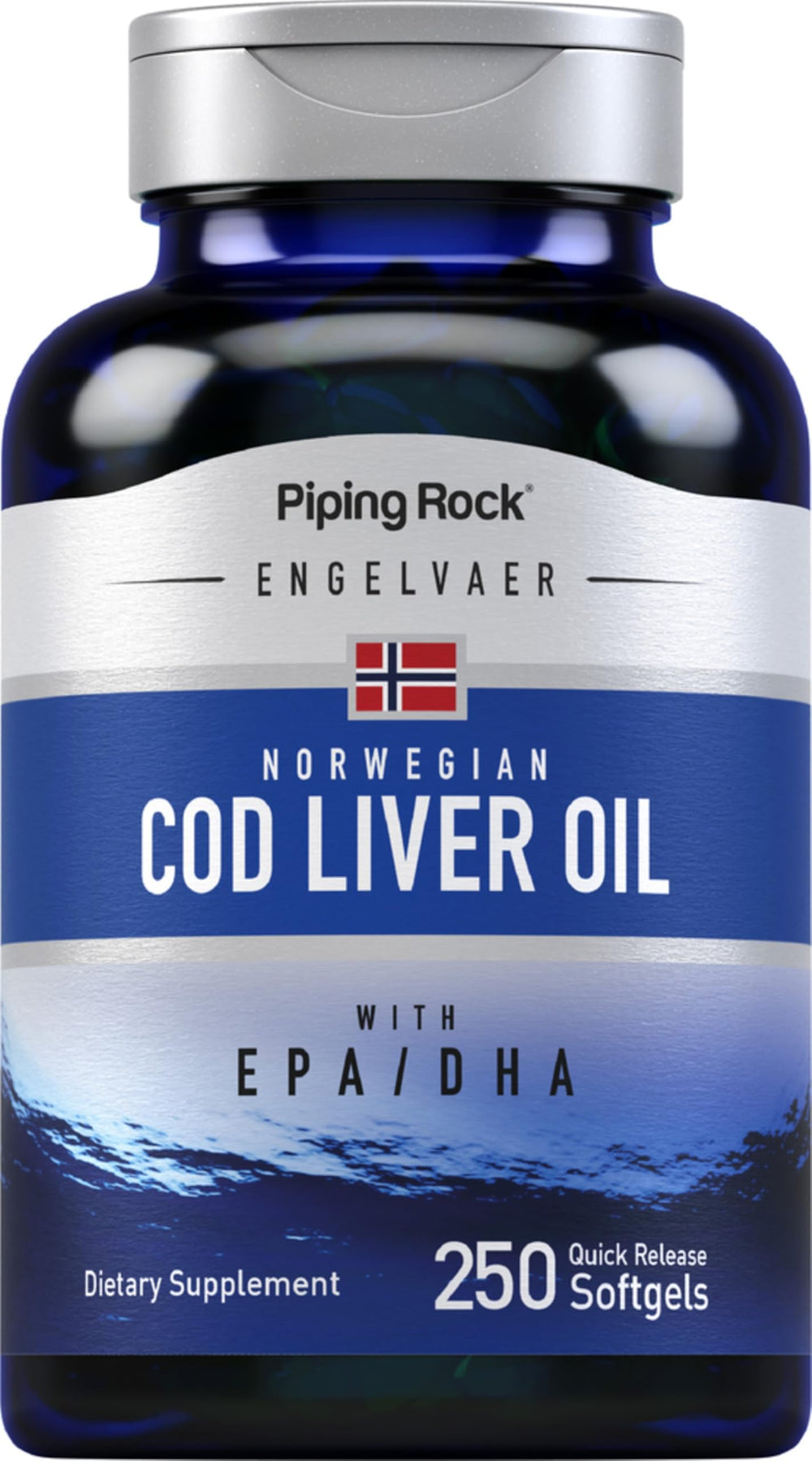 Piping Rock cod liver oil softgels bottle on shelf for daily omega-3 support.