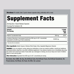 Piping Rock Cranberry Pills bottle closeup highlights quick-release capsules for easy swallowing.