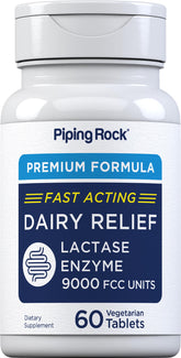 Piping Rock Dairy Relief pills bottle shows fast-acting lactose support.