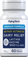 Piping Rock Dairy Relief pills bottle shows fast-acting lactose support.