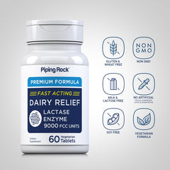 Piping Rock Dairy Relief label view emphasizes purity and safety.