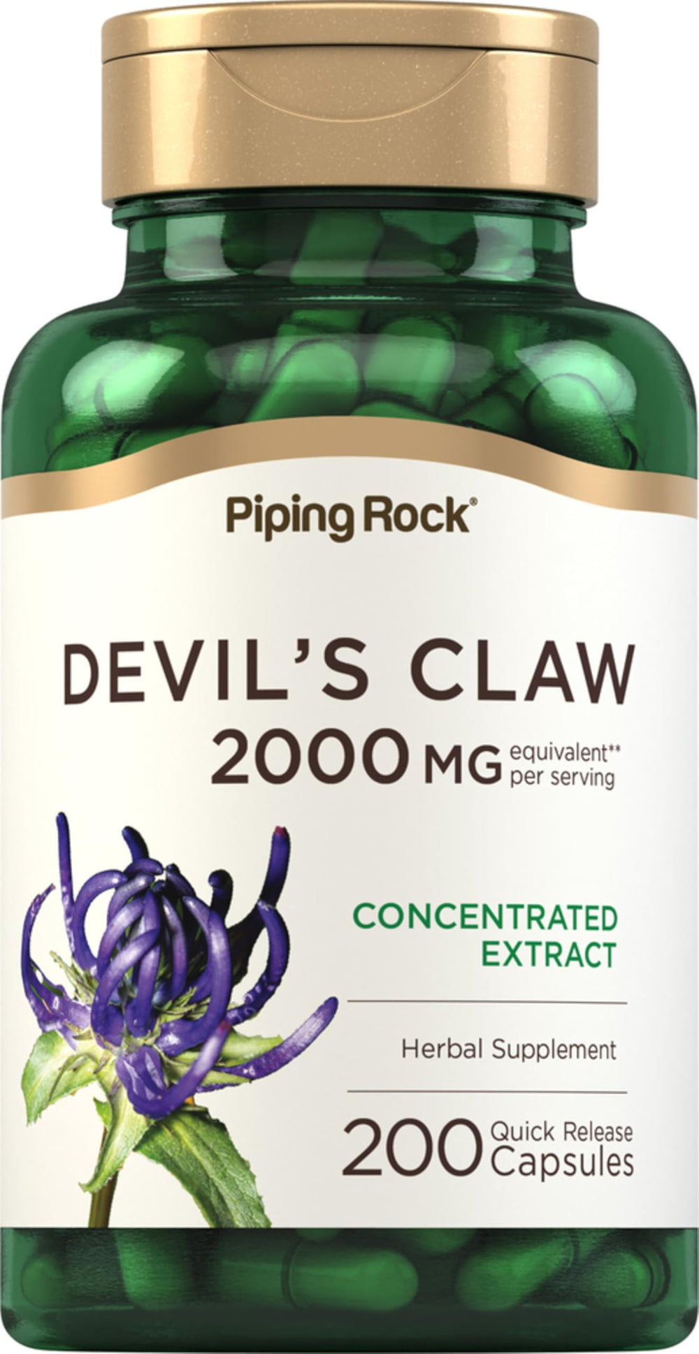 Piping Rock Devils Claw 2000mg bottle with easy-to-swallow capsules.