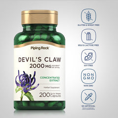 Piping Rock Devils Claw 2000mg label front with Non-GMO and Gluten Free badges.