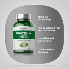 Piping Rock Graviola leaf blend illustration highlights fruit and leaf extract.