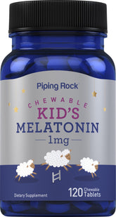 Piping Rock Kids Melatonin 1mg bottle with chewables for gentle nightly support.