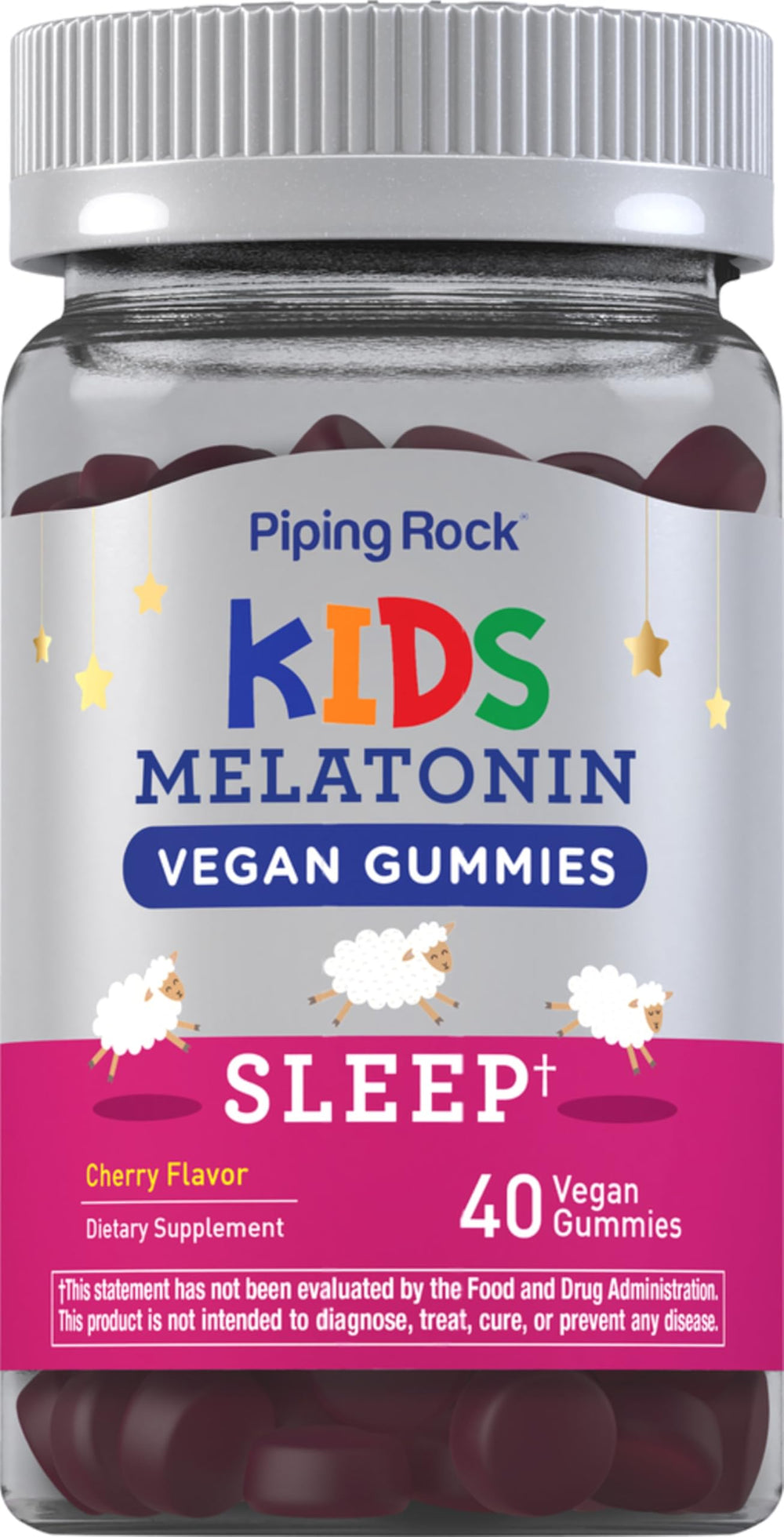 Piping Rock Kids Melatonin Gummy bottle closeup showing gentle, low-dose sleep support