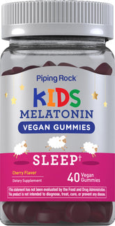 Piping Rock Kids Melatonin Gummy bottle closeup showing gentle, low-dose sleep support