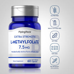 Piping Rock L-Methylfolate capsules beside gluten-free and non-GMO badges