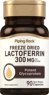 Piping Rock Lactoferrin 300mg bottle shows label; convenient capsule for daily use.