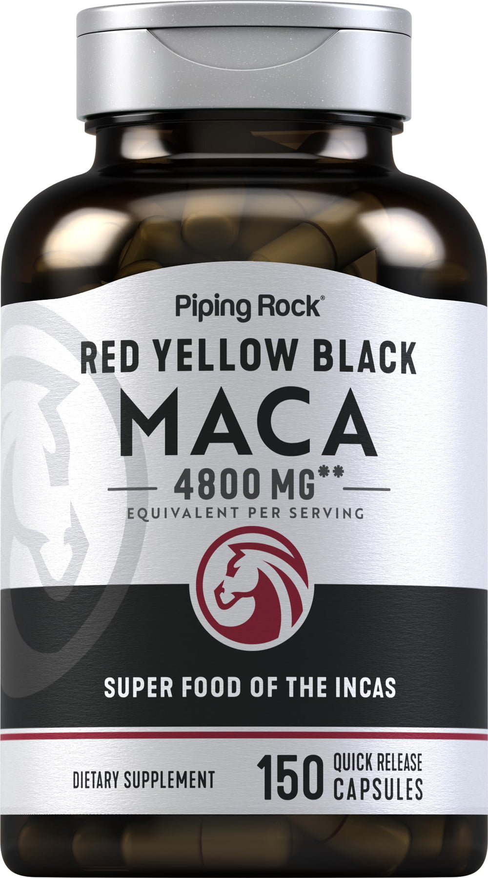 Piping Rock Maca Root Capsules bottle shows red, yellow, and black maca blend for daily use.