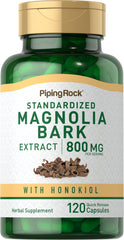 Piping Rock Magnolia Bark Extract 800mg bottle with clear label for daily wellness.