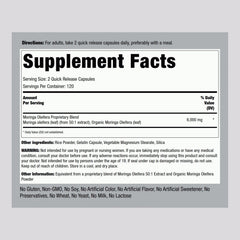 Piping Rock Moringa capsules label showing non-GMO and gluten-free features for dietary choices.