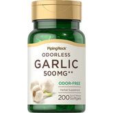 Piping Rock Odorless Garlic Softgels bottle front highlights odor-free garlic support for daily vitality.