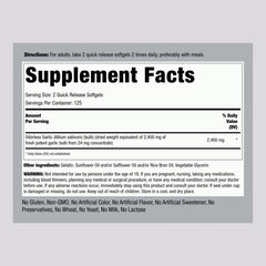 Closeup of Piping Rock Odorless Garlic softgels highlighting quick-release capsules.