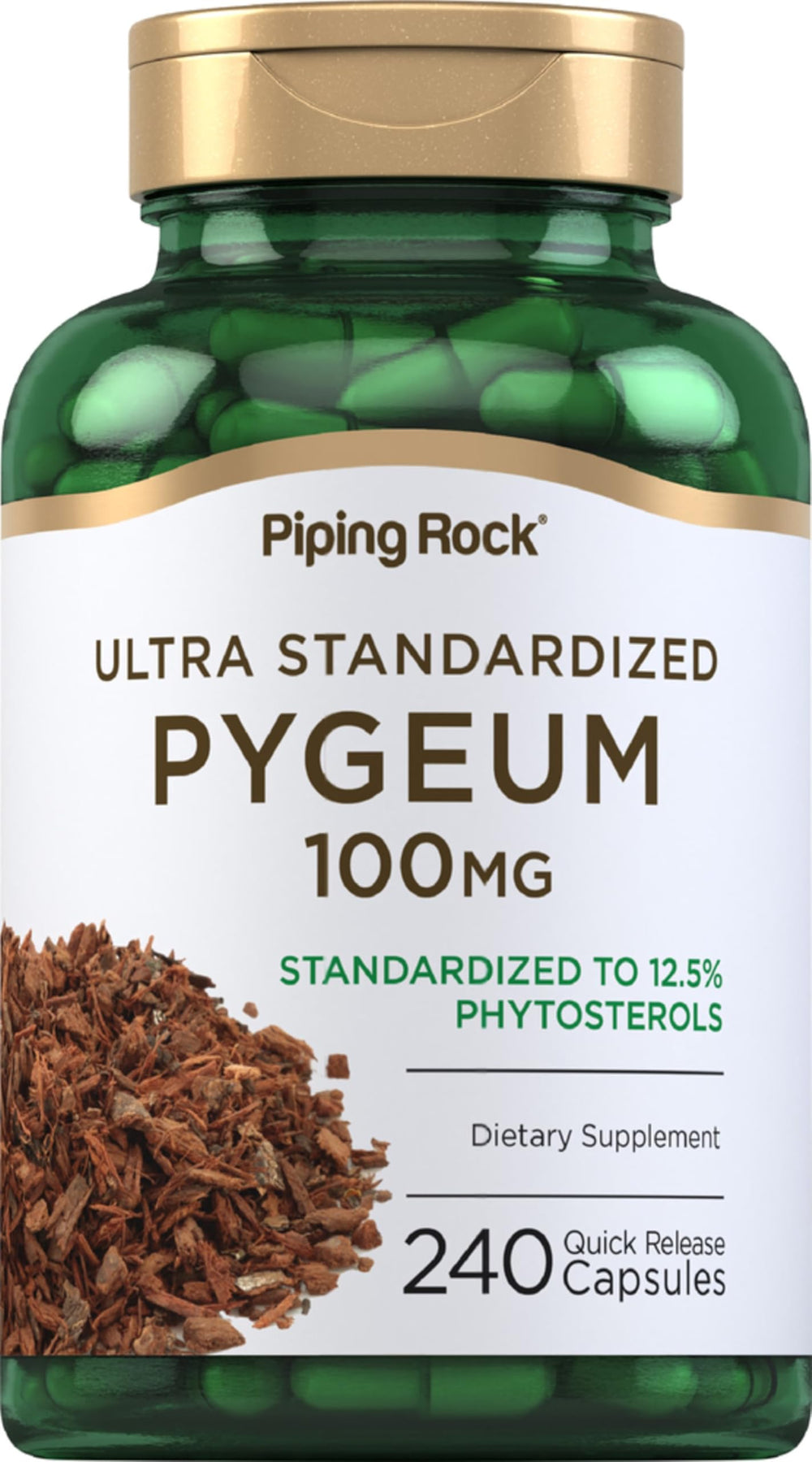 Piping Rock Pygeum supplement bottle front label highlighting non-GMO gluten-free formulation.